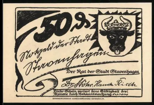 Notgeld Stavenhagen, 50 Pfennig, Wappen mit Stierkopf und Brauer in Fass