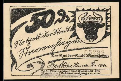 Notgeld Stavenhagen, 50 Pfennig, gekrönter Stierkopf und Mann in Fass