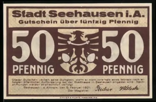 Notgeld Seehausen i.A. 1921, 50 Pfennig, Adlerwappen und Marktszene mit Schweinen
