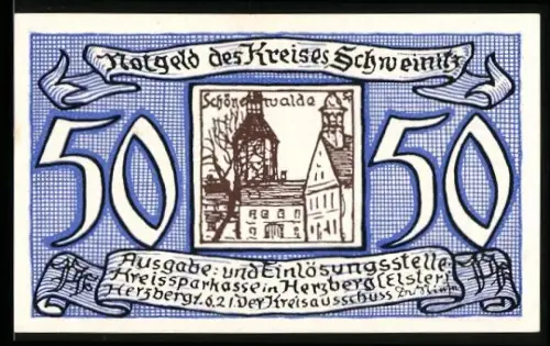 Notgeld Schweinitz, 50 Pf., Schlosskirche mit Mönch und Traumvision