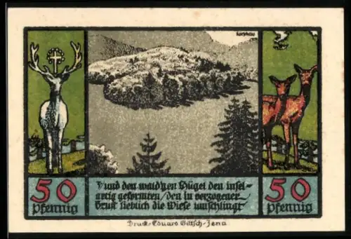 Notgeld Schwarzburg im Thür. Wald 1922, 50 Pfennig, Landschaft mit Hirsch und Reh, Adler und Schwerter