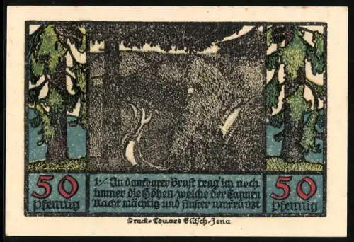 Notgeld Schwarzburg im Thür. Wald 1922, 50 Pfennig, Hirsch im Wald und Reichsadler mit Schwertern