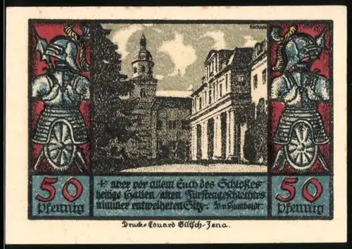 Notgeld Schwarzburg im Thür. Wald 1922, 50 Pfennig, Schlossansicht und Adler mit Schwertern