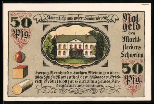 Notgeld Schweina 1921, 50 Pfennig, Schloss Marienthal und Schweine unter Baum