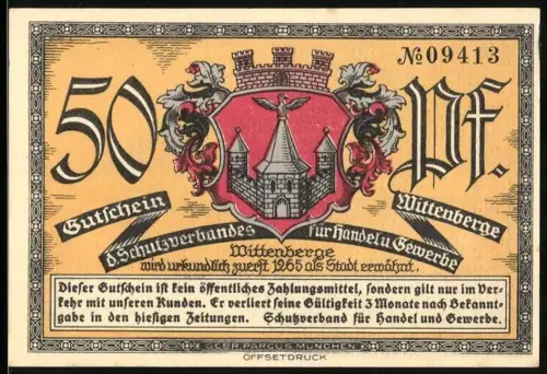 Notgeld Wittenberge, 50 Pfennig, Stadtwappen und Kirchturm-Motiv