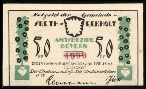 Notgeld Seeth-Eekholt 1921, 50 Pf, Wappen und Bauer mit Vögeln und Blumenornamenten