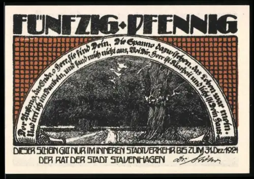 Notgeld Stavenhagen 1921, 50 Pfennig, Landschaft mit Baum und Porträt mit Reiter im Medaillon