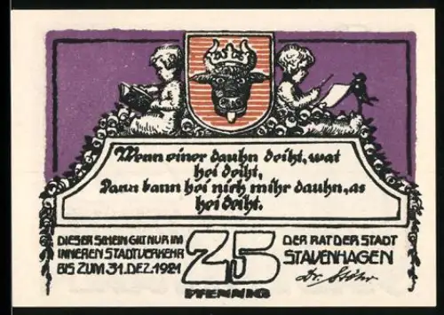 Notgeld Stavenhagen 1921, 25 Pfennig, Wappen und sitzende Figur mit Buch