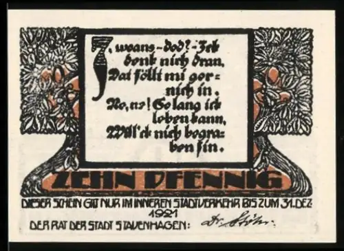 Notgeld Stavenhagen 1921, 10 Pfennig, Gebäude mit Turm und dekorative Schriftrolle