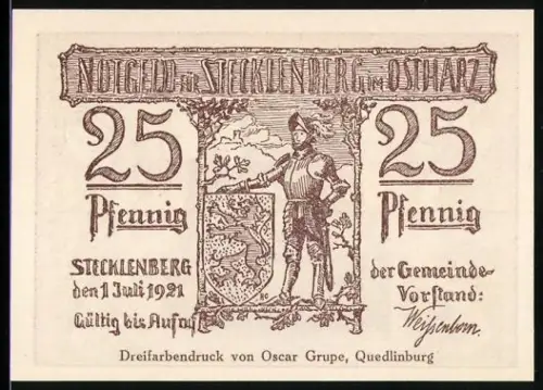 Notgeld Stecklenberg /Harz 1921, 25 Pfennig, Wächter mit Wappen und Ruine der Lauenburg