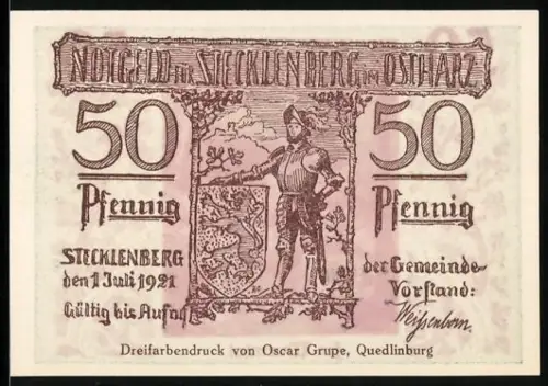 Notgeld Stecklenberg /Ostharz 1921, 50 Pfennig, Ritter mit Wappen und Landschaft im Wurmtal