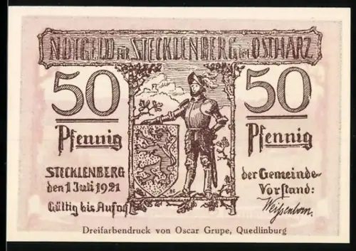 Notgeld Stecklenberg im Ostharz 1921, 50 Pfennig, Ritter und Landschaftspanorama