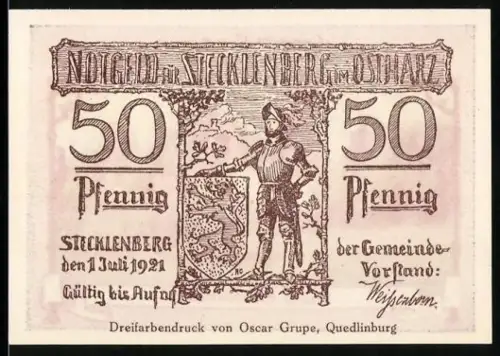 Notgeld Stecklenberg im Ostharz 1921, 50 Pfennig, Ritter mit Wappen und Ruine Stecklenburg