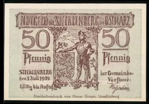 Notgeld Stecklenberg i. Ostharz 1921, 50 Pfennig, Soldat mit Wappen und Dorfteich in Stecklenberg