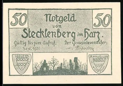 Notgeld Stecklenberg im Harz 1921, 50 Pf., Burgruine und Landschaftsszene um 1840, Wappen von Holem und Arneburg