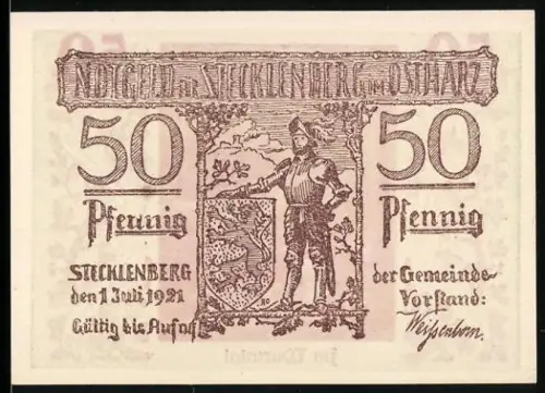 Notgeld Stecklenberg im Ostharz 1921, 50 Pfennig, Ritter mit Wappen und Landschaftsimpression im Wurmtal