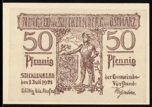 Notgeld Stecklenberg /Ostharz 1921, 50 Pfennig, Ritter und Dorfszene am Teich