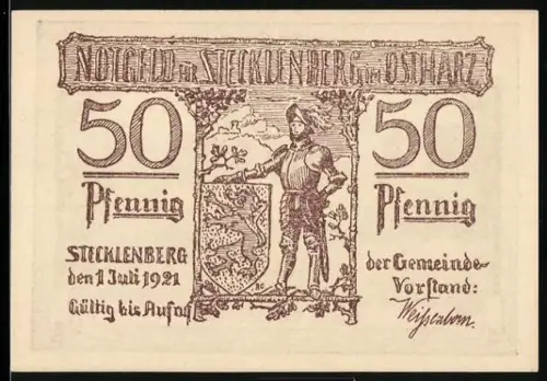 Notgeld Stecklenberg /Harz 1921, 50 Pfennig, Ritterfigur und Burgruine Stecklenburg