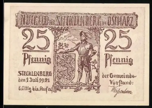 Notgeld Stecklenberg im Ostharz 1921, 25 Pfennig, Ritter mit Wappen und Burgruine