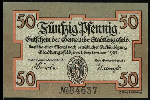 Notgeld Stadtlengsfeld 1921, 50 Pfennig, Schäfer mit Hund und Herde, Stadtwappen
