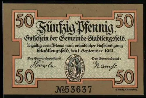 Notgeld Stadtlengsfeld 1921, 50 Pfennig, Wichtelmann und Schäfer Motiv