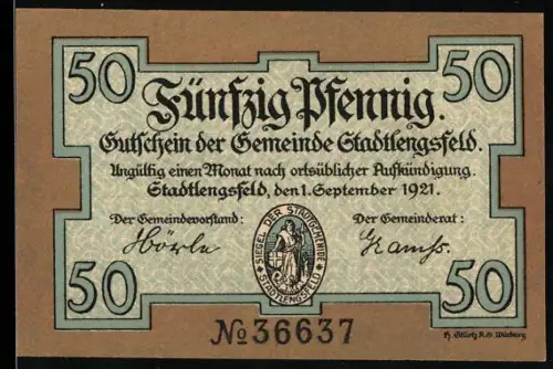 Notgeld Stadtlengsfeld 1921, 50 Pfennig, Zwergen in einer Höhle mit Goldschätzen und Münzen füllender Mann
