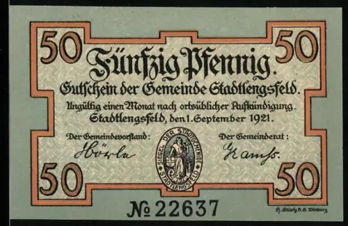 Notgeld Stadtlengsfeld 1921, 50 Pfennig, Bergszene mit Schätzen und Figuren im Stollen