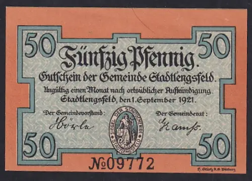 Notgeld Stadtlengsfeld 1921, 50 Pfennig, Schäfer mit Hund und Wunderblume im Hintergrund