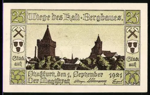 Notgeld Stassfurt 1921, 25 Pfennig, Ortsansicht und Bergmann mit Lampe