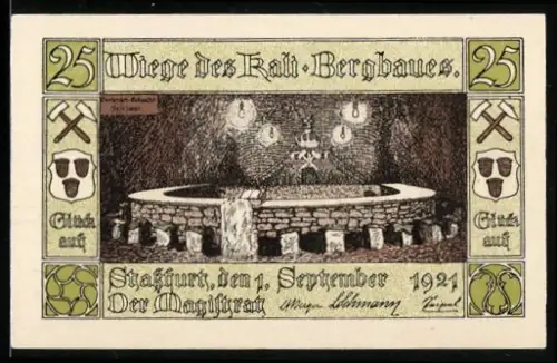 Notgeld Stassfurt 1921, 25 Pfennig, Bergbau Wiege und Stadtwappen-Motiv