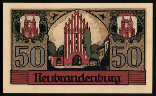 Notgeld Neubrandenburg 1921, 50 Pf., gotisches Gebäude und historische Ortsansicht
