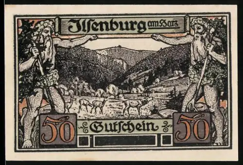 Notgeld Ilsenburg am Harz 1921, 50 Pfennig, Berglandschaft mit Wildtieren und zwei Riesenfiguren