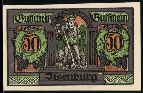 Notgeld Ilsenburg 1921, 50 Pfennig, Statue und Burglandschaft mit Tannenbäumen und Wappen