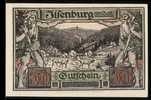 Notgeld Ilsenburg am Harz 1921, 50 Pfennig, Landschaft mit Figuren und Wappenornamente