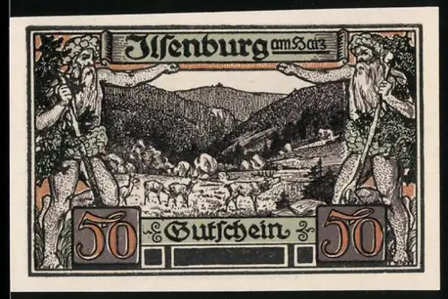 Notgeld Ilsenburg am Harz 1921, 50 Pfennig, Waldlandschaft und Figuren mit Krügen