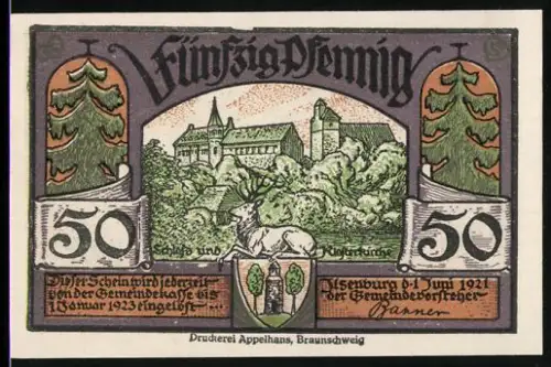 Notgeld Ilsenburg 1921, 50 Pfennig, Schloss und Förster mit Hund, Wappen