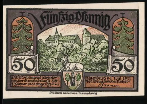 Notgeld Ilsenburg 1921, 50 Pfennig, Burgansicht und Figur mit Weinlaubumhang