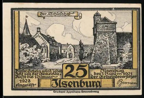 Notgeld Ilsenburg 1921, 25 Pfennig, Schlossansicht und Hirschgeweih mit Schädeln und Blumenornamenten