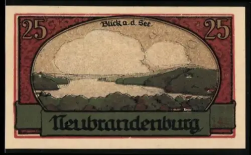 Notgeld Neubrandenburg 1921, 25 Pfennig, Seeblick und Ortsansicht mit Kirche