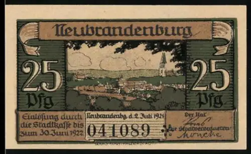 Notgeld Neubrandenburg 1921, 25 Pfennig, Ortsansicht und Landschaft mit Belvedere