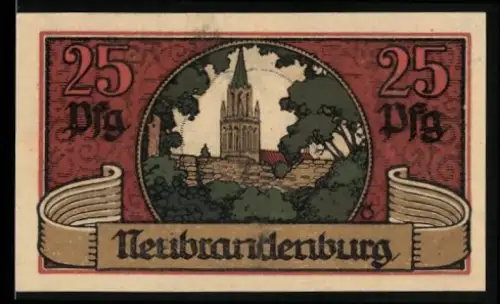Notgeld Neubrandenburg 1921, 25 Pf, Ortsansicht mit Kirchtürmen und Landschaft