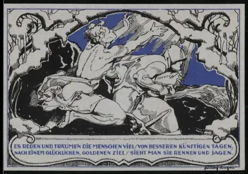 Notgeld Weimar 1921, 50 Pfennig, Porträt und mythologische Szene mit Soldat und Allegorie des Fortschritts