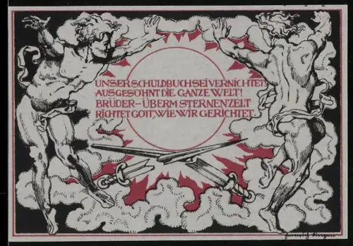 Notgeld Weimar 1921, 50 Pfennig, Porträt und allegorische Figuren mit Schwertern in Wolken