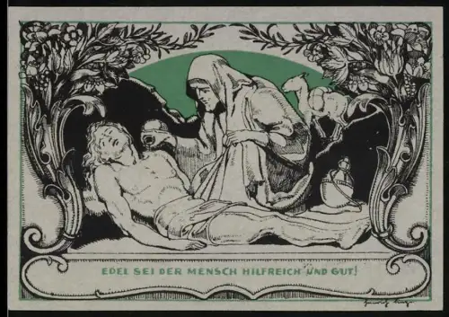 Notgeld Weimar 1921, 50 Pfennig, Porträt und biblische Szene mit Helfer und Verletztem