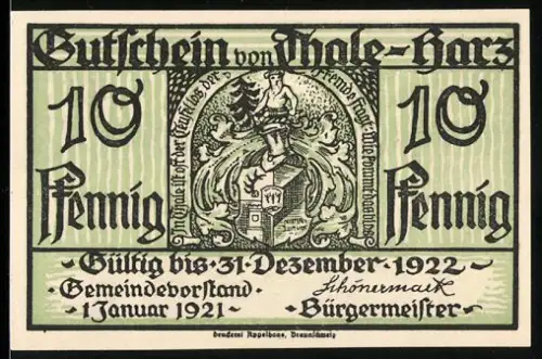 Notgeld Thale /Harz 1921, 10 Pfennig, Wappen und mythische Figuren in Felslandschaft