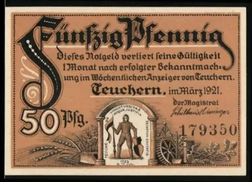 Notgeld Teuchern 1921, 50 Pfennig, Uhrmacherwerkstatt und landwirtschaftliche Symbole