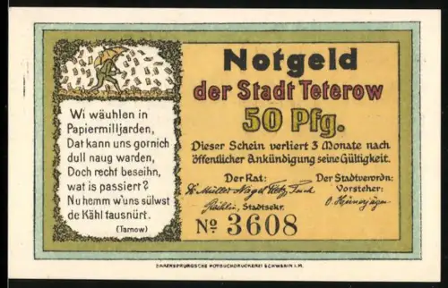 Notgeld Teterow 1921, 50 Pfennig, humoristische Szene mit Stier und Menschen