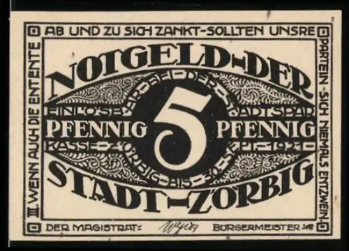 Notgeld Zörbig, 5 Pfennig, dekoratives Schriftmotiv