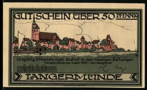 Notgeld Tangermünde 1921, 50 Pfennig, Ortsansicht und Altes Rathaus