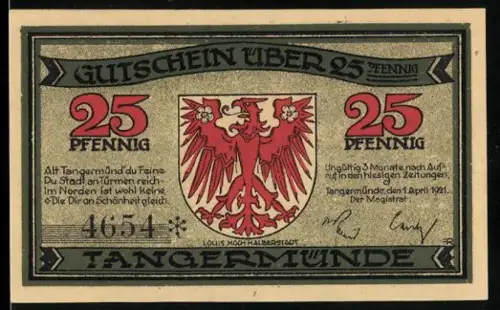 Notgeld Tangermünde 1921, 25 Pfennig, Wappen und Neustädter Tor